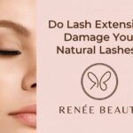 Close-up of a woman with lash extensions and the Renée Beauté butterfly logo on a soft pink background.